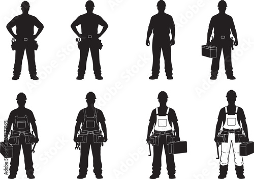 Black and white silhouettes of professional construction workers wearing safety hard hats and tool belts in various standing poses for building and maintenance services.