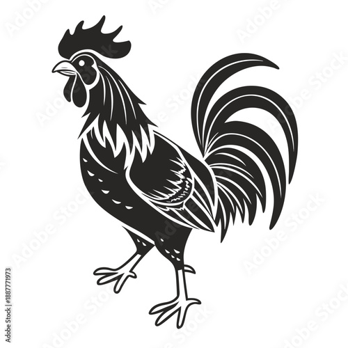 Bold Black Rooster Silhouette Vector Illustration Isolated on White. Traditional Cock Design for Poultry Farm Branding Butchery Logo and Folk Art.