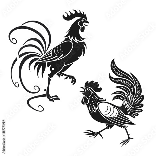 Stylized rooster and cockerel vector set in black and white folk art style. Decorative farm bird silhouettes with ornate feathers for rustic and tribal design.
