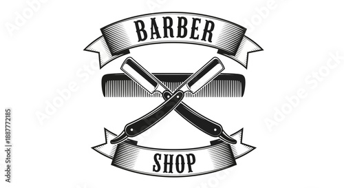Vintage Barbershop Logo with Crossed Straight Razors and Comb, isolated white background.
