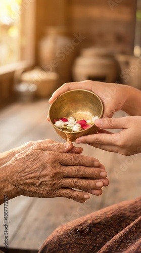 Hands exchanging a ceremonial bowl of flowers.