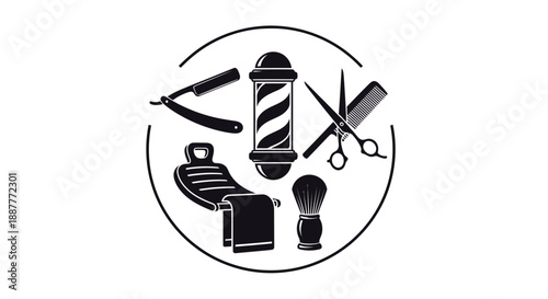 Comprehensive Barbershop Tools Collection with Barber Pole, Razor, Comb, Brush, Chair, and Scissors in Circle on Isolated White Background