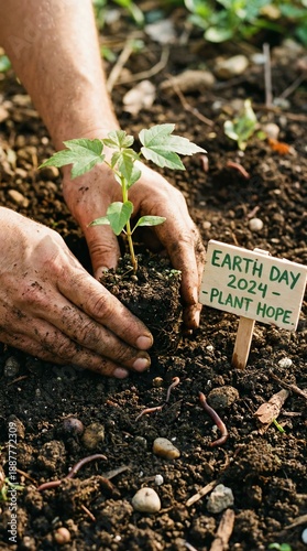 Hands planting a young plant in fertile soil.