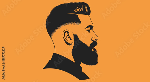 Modern Stylish Man Head Profile with Beard and Fade Haircut in Bright Studio with Orange Background