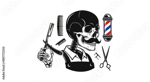 Skeleton Barber Surrounded by Classic Tools like Barber Pole, Razor, Comb, Scissors, and Clipper on Isolated White Background