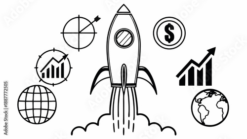 Illustration of a rocket launching with business and global icons in black and white style art on transparent background silhouette