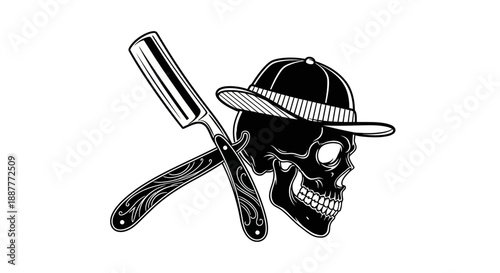 Skull in Hat Crossed with Straight Razor Barbershop Emblem on Isolated White Background