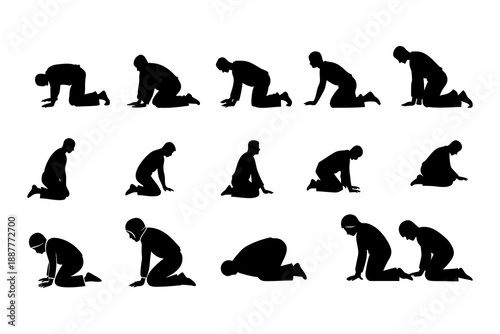 Muslim Prayer Positions Silhouette Set for Islamic Worship.