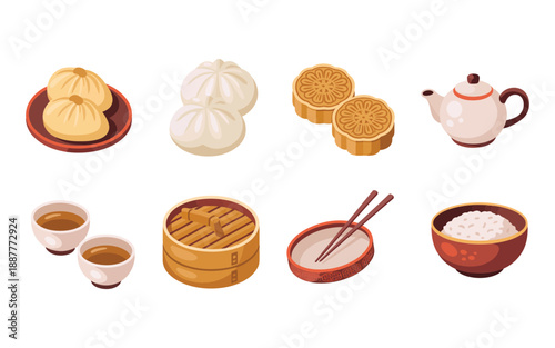 Dim sum brunch icon set, soup dumplings, steamed buns, mooncake slice, chopsticks, tea cup, restaurant event graphics, asian food vector