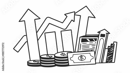 Illustration of financial growth with arrows, bars, money and a document showing positive trends on transparent background silhouette