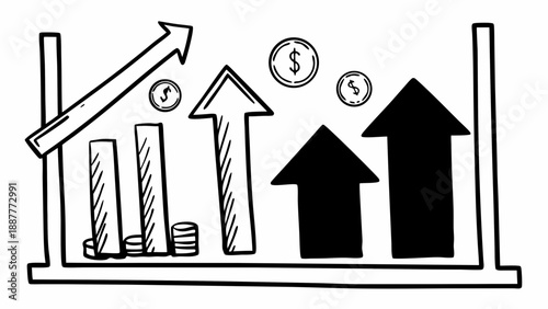 Hand drawn sketch of a finance growth chart with arrows and coins on a white background showing progress on transparent background silhouette