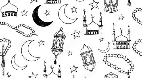 Black and White Hand-Drawn Islamic Ramadan Seamless Pattern Vector