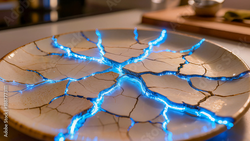 Broken ceramic plate with bright blue neon glowing in the cracks.