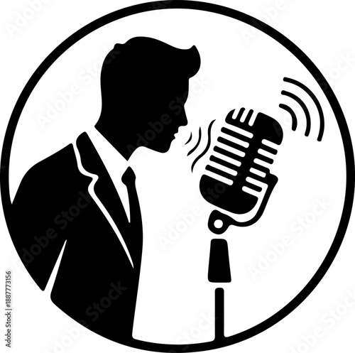 Black and White Vector Icon of Man Speaking into Vintage Microphone