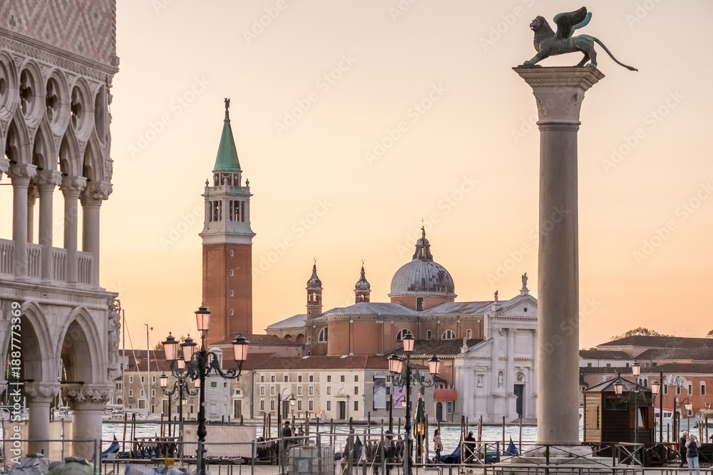Fototapeta premium San Giorgio Maggiore and Winged Lion Column at Sunset