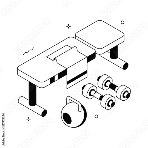 Isometric illustration showing weightlifting strength training equipment