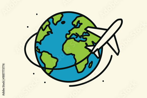 Minimalist hand-drawn illustration of an airplane flying around the globe