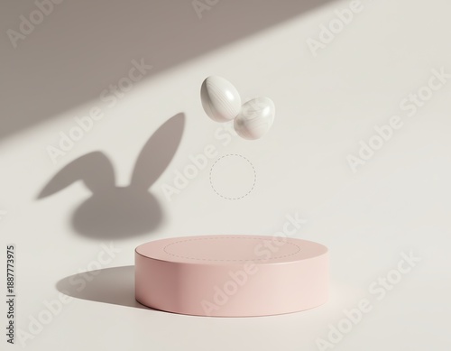 Minimalist display with floating eggs on pink stand.
