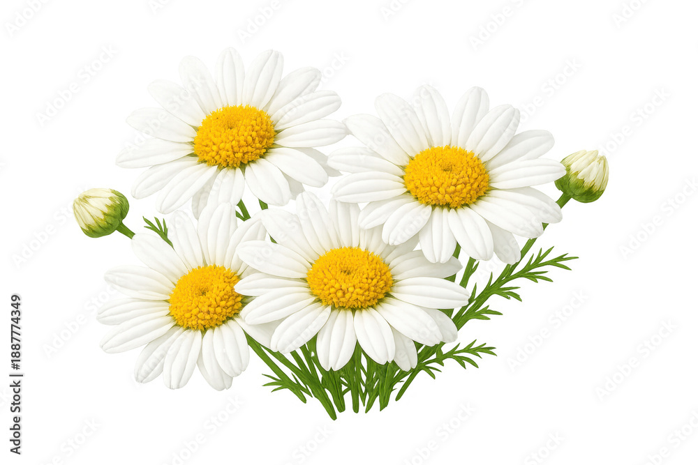 Fototapeta premium White spring daisy flowers bouquet with yellow centers, green leaves, and buds on transparent background