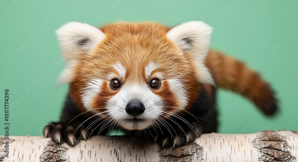 Obraz premium Close-up portrait of a red panda on a birch log animal wildlife