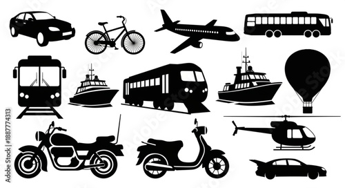 Collection of diverse transportation vehicles silhouettes.