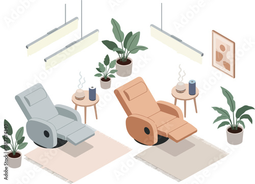 Relaxing Spa Lounge with Comfortable Chairs and Greenery
