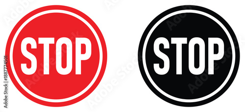 Stop Sign Icon Set – Red and Black Circular Warning, Prohibition and Control Symbols