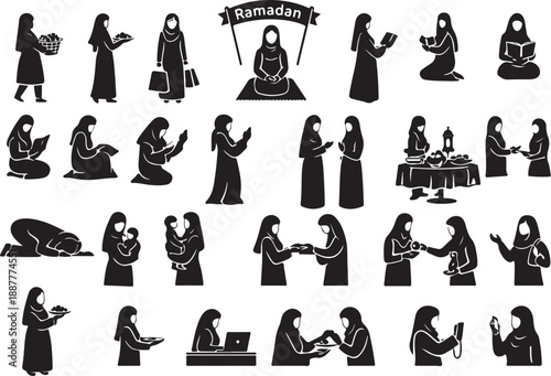 Ramadan Muslim Women Daily Activities Silhouettes Vector Set