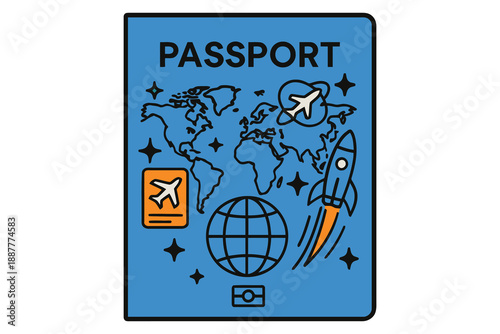 Passport Illustration with Rocket Ship and Global Travel Icons