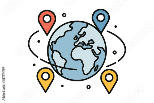 Flat illustration of planet Earth with colorful map location pins and dotted lines