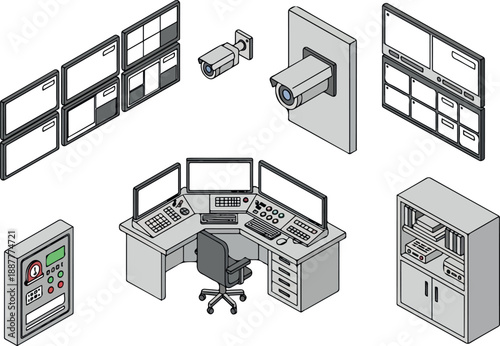 Isometric Security Surveillance Center Illustration Safety, Monitoring, and Technology