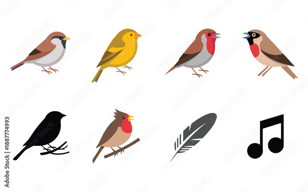 Obraz premium Garden birds icons, robin, goldfinch, bullfinch, feather symbol, music note, birdwatch club flyer, spring nature program poster, vector set