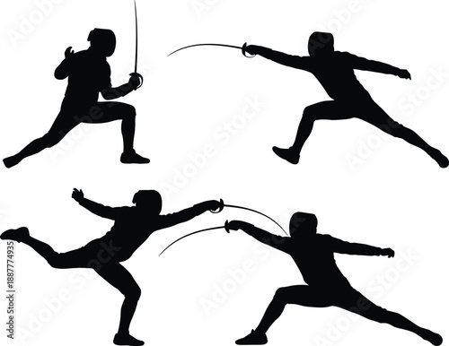 Fencing sport silhouettes collection featuring épée sword fighters in dynamic attack and defense movements, black martial arts vector illustrations isolated on white background for training 