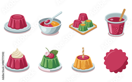 Gelatin dessert vector icon set with fruit jelly, layered mold, pudding cup, spoon, rainbow sweets for food festival and party invitation