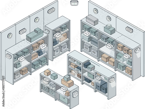 Isometric View of a Warehouse Storage Area with Metal Shelving