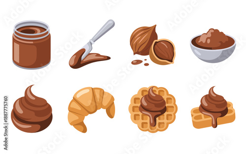 Sweet pastry icons set, chocolate spread jar, croissant roll, waffle piece, creamy swirl topping, dessert bakery menu, breakfast vector