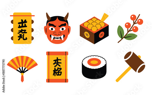 Setsubun festival icons, oni mask, lucky bean throwing, masu box, rolled sushi ehomaki, fan, calligraphy tags, Japanese spring event vector