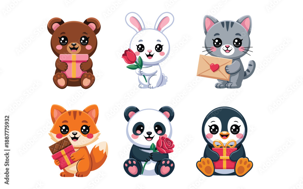 Naklejka premium Cute animals with gifts, teddy bear bunny cat fox panda, kids birthday party invitation, nursery event banner, kindergarten celebration graphics