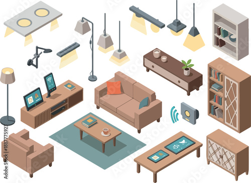 Isometric Living Room Interior Design Set with Furniture and Lighting