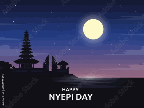 Happy Nyepi Day celebration with traditional Balinese temple silhouette under full moon.