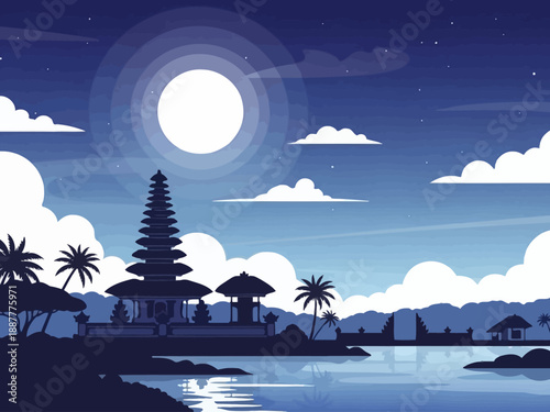 Traditional Balinese Temple Silhouette by the Water at Night.
