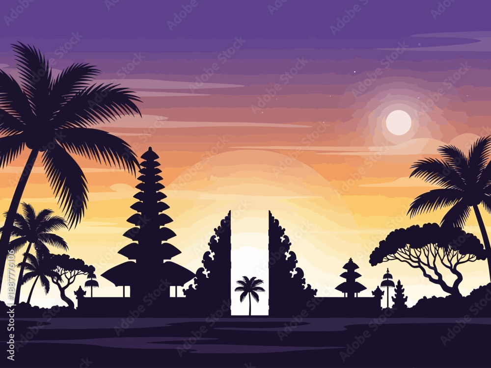 Fototapeta premium Silhouette of Balinese Temple and Palm Trees at Sunset.