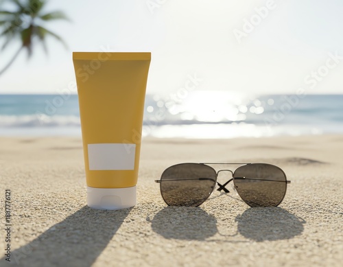 Sunscreen and sunglasses on a sandy beach.
