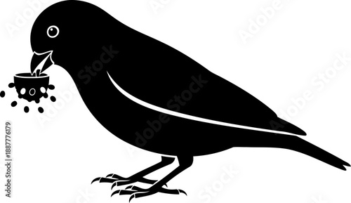 Bird eating from bowl silhouette feeding avian illustration garden wildlife vector graphic side view