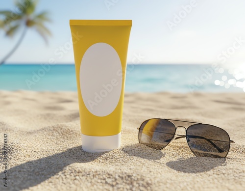 Sunscreen tube and sunglasses on sandy beach.