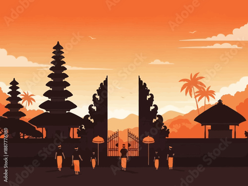 Balinese Temple Gate and Traditional Architecture at Sunset.