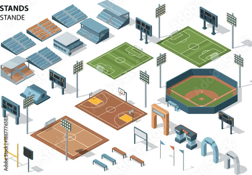 Isometric Sporting Venue Elements Grandstands, Fields, and Scoreboards for Game Day Design