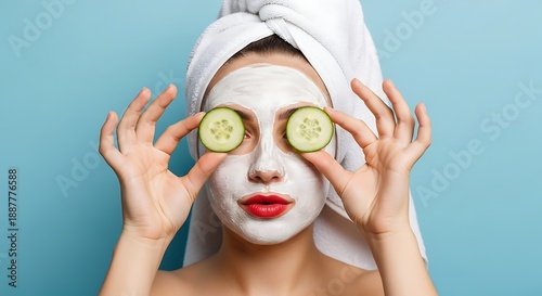 Woman with cucumber slices on her eyes and face mask on blue background