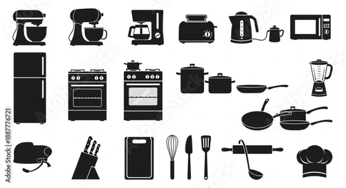 Collection of kitchen appliances and utensils silhouette icons.