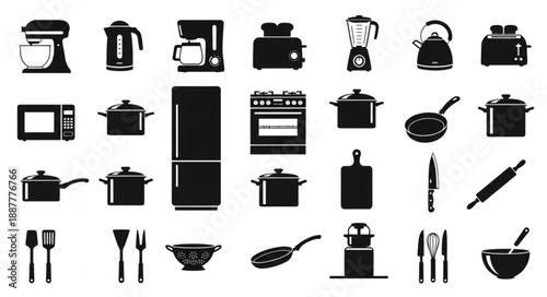 Collection of Kitchen Appliances and Utensils Silhouettes.